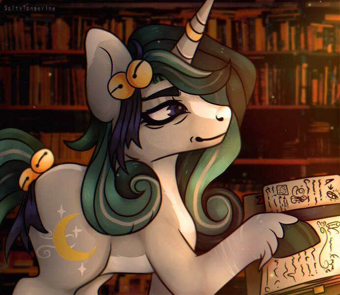 Size: 960x833 | Tagged: safe, artist:saltytangerine, derpibooru import, oc, unicorn, bells, book, bookshelf, bow, green hair, horn, horn ring, image, jewelry, jpeg, library, next generation, parent:clover the clever, parent:star swirl the bearded, purple eyes, reading, ring, tail, tail bow, unicorn oc