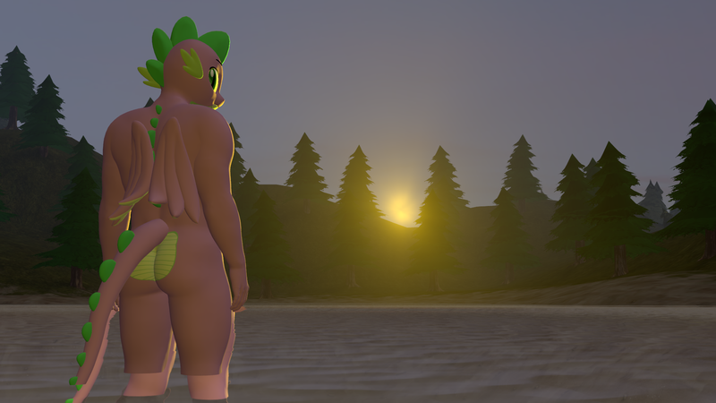 Size: 1920x1080 | Tagged: suggestive, artist:papadragon69, derpibooru import, spike, anthro, dragon, 3d, ass, butt, complete nudity, dragonbutt, gigachad spike, image, lake, male, muscles, muscular male, older, older spike, png, skinny dipping, source filmmaker, sunset, water, winged spike, wings