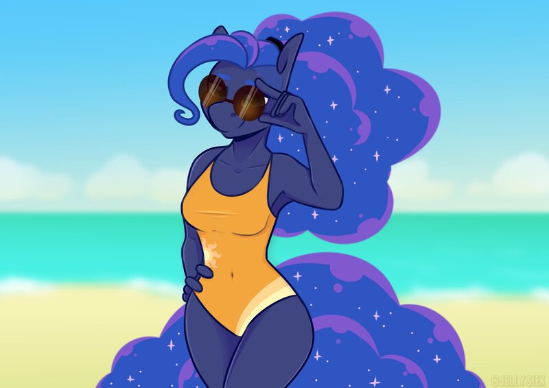 Size: 3508x2480 | Tagged: safe, artist:jellysiek, derpibooru import, princess luna, anthro, beach, clothes, image, jpeg, ocean, one-piece swimsuit, solo, summer, sunglasses, swimsuit