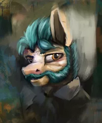 Size: 1140x1380 | Tagged: safe, artist:richmay, derpibooru import, hitch trailblazer, ponified, earth pony, pony, my little pony: a new generation, alcoholism, beard, bust, crossover, disco elysium, facial hair, g5, image, male, older, png, portrait, smiling, smirk, stallion