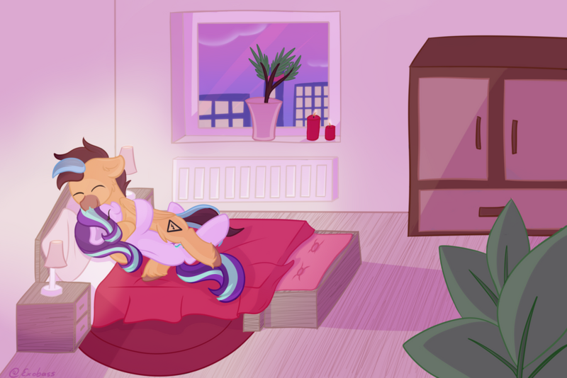 Size: 1024x683 | Tagged: safe, artist:exobass, derpibooru import, starlight glimmer, oc, oc:steppi, pegasus, unicorn, background, bed, candle, canon x oc, cuddling, dawn, image, pegasus oc, plant, png, wings