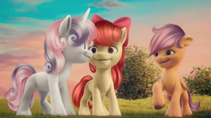 Size: 1080x605 | Tagged: safe, artist:mira.veike, derpibooru import, edit, edited screencap, screencap, apple bloom, scootaloo, sweetie belle, earth pony, pegasus, pony, unicorn, my little pony: a new generation, cutie mark, cutie mark crusaders, g4, g4 to g5, g5, image, jpeg, my little pony, recolor