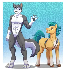 Size: 4000x4300 | Tagged: safe, artist:jack-pie, derpibooru import, hitch trailblazer, anthro, digitigrade anthro, earth pony, pony, wolf, absurd resolution, commission, duo, featureless crotch, furry, g5, image, male, muscles, png, smiling, white border