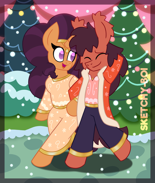 Size: 3400x4000 | Tagged: safe, artist:snakeythingy, derpibooru import, saffron masala, oc, oc:sketchy dupe, anthro, unguligrade anthro, canon x oc, christmas, hearth's warming eve, holiday, image, png, story included