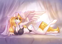 Size: 3508x2480 | Tagged: suggestive, artist:dandy, derpibooru import, oc, oc:star nai, unofficial characters only, alicorn, anthro, alicorn oc, beautiful, bed, big breasts, bra, breasts, cleavage, clothes, commission, female, high res, horn, image, lying down, panties, png, questionable source, sheet, solo, underwear, wings