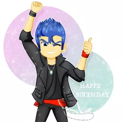 Size: 1600x1600 | Tagged: safe, artist:jucamovi1992, derpibooru import, flash sentry, equestria girls, clothes, happy birthday, image, jpeg, male, one eye closed, smiling, vincent tong, wink