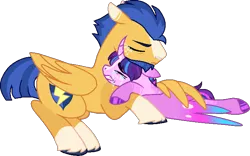 Size: 714x445 | Tagged: safe, artist:rickysocks, derpibooru import, flash sentry, oc, oc:starburst shine, alicorn, pegasus, pony, base used, crying, father and child, father and daughter, female, hug, image, lying down, male, mare, offspring, parent:flash sentry, parent:twilight sparkle, parents:flashlight, png, prone, simple background, transparent background