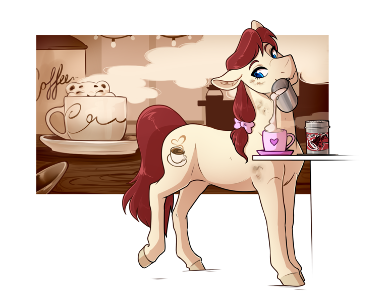 Size: 1535x1194 | Tagged: safe, artist:0naturaldisaster0, derpibooru import, oc, unofficial characters only, earth pony, pony, chocolate, earth pony oc, food, hot chocolate, image, mouth hold, mug, png, smiling, solo