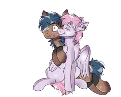 Size: 1000x800 | Tagged: safe, artist:valkiria, derpibooru import, oc, oc:pink lumine, oc:shallow win, unofficial characters only, pegasus, pony, derpibooru community collaboration, 2022 community collab, bandana, blushing, duo, ear piercing, earring, eyes closed, flustered, gay, hug, image, jewelry, kiss on the cheek, kissing, male, oc x oc, piercing, png, scar, shipping, simple background, sitting, stallion, sweat, sweatdrop, transparent background