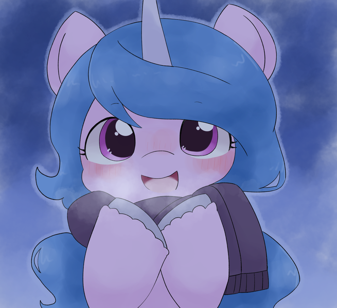 Size: 1707x1564 | Tagged: safe, artist:ginmaruxx, derpibooru import, izzy moonbow, pony, unicorn, blushing, breath, bust, clothes, cute, female, g5, image, izzybetes, looking at you, mare, png, scarf, solo, winter