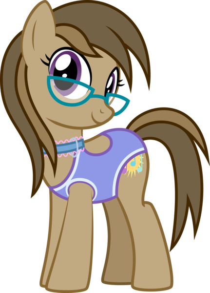 Size: 1561x2174 | Tagged: safe, artist:lightning stripe, derpibooru import, oc, oc:dawnsong, unofficial characters only, earth pony, pony, derpibooru community collaboration, 2022 community collab, brown coat, brown hair, brown mane, brown tail, clothes, collar, commission, cutie mark, derpibooru exclusive, eyelashes, female, glasses, image, mare, one-piece swimsuit, png, purple eyes, show accurate, simple background, smiling, solo, swimsuit, tail, transparent background, vector