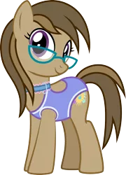 Size: 1561x2174 | Tagged: safe, artist:lightning stripe, derpibooru import, oc, oc:dawnsong, unofficial characters only, earth pony, pony, derpibooru community collaboration, 2022 community collab, brown coat, brown hair, brown mane, brown tail, clothes, collar, commission, cutie mark, derpibooru exclusive, eyelashes, female, glasses, image, mare, one-piece swimsuit, png, purple eyes, show accurate, simple background, smiling, solo, swimsuit, tail, transparent background, vector