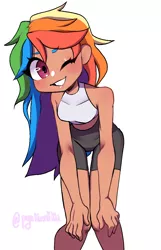Size: 708x1100 | Tagged: safe, artist:pyukumiku, derpibooru import, rainbow dash, human, breasts, clothes, compression shorts, humanized, image, leaning forward, looking at you, one eye closed, png, signature, simple background, smiling, solo, sports bra, white background, wink