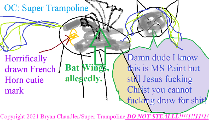 Size: 1074x616 | Tagged: safe, artist:super trampoline, derpibooru import, oc, oc:super trampoline, unofficial characters only, 1000 hours in ms paint, dialogue, donut steel, french horn, horrible, image, ms paint, ms paint skills almost non-existent, musical instrument, png, stylistic suck, vulgar