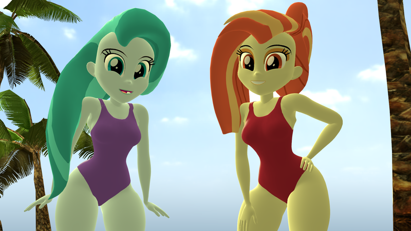 Size: 1920x1080 | Tagged: safe, artist:mr.uberrebu25, derpibooru import, lighthoof, shimmy shake, equestria girls, 3d, beach, beach babe, breasts, busty lighthoof, busty shimmy shake, cheerleader, clothes, equestria girls-ified, image, one-piece swimsuit, png, purple swimsuit, red swimsuit, swimsuit