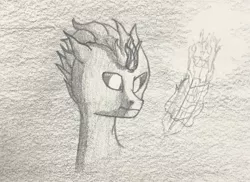 Size: 2176x1588 | Tagged: safe, artist:knightngame, derpibooru import, oc, oc:quantum, changeling, fire, image, jpeg, minecraft, photo, sketch, solo, traditional art