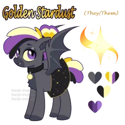 Size: 3141x3141 | Tagged: safe, artist:angie imagines, derpibooru import, oc, oc:golden stardust, unofficial characters only, bat pony, bat pony oc, bat wings, chest fluff, choker, clothes, eyebrows, fangs, fluffy, image, multicolored hair, nonbinary, png, purple eyes, reference sheet, simple background, skirt, solo, transgender, transparent background, wings