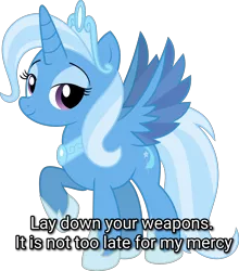 Size: 6247x7083 | Tagged: safe, artist:digimonlover101, derpibooru import, idw, trixie, alicorn, pony, absurd resolution, alicornified, caption, crown, dagoth ur, elder scrolls, female, idw showified, image, image macro, jewelry, morrowind, png, race swap, regalia, simple background, smiling, solo, talking to viewer, text, the elder scrolls, transparent background, trixiecorn, vector