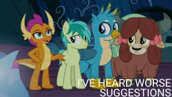 Size: 1280x720 | Tagged: safe, derpibooru import, edit, edited screencap, editor:quoterific, screencap, gallus, sandbar, smolder, yona, dragon, earth pony, gryphon, pony, yak, season 9, uprooted, spoiler:s09, female, image, jpeg, male, open mouth, open smile, smiling, stallion