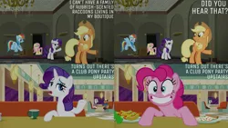 Size: 1280x720 | Tagged: safe, derpibooru import, edit, edited screencap, editor:quoterific, screencap, applejack, fluttershy, pinkie pie, rainbow dash, rarity, earth pony, pegasus, pony, unicorn, season 6, the saddle row review, applejack's hat, cowboy hat, female, grin, hat, image, male, mane five, mare, open mouth, png, smiling, stallion