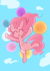 Size: 2048x2887 | Tagged: safe, artist:noupu, derpibooru import, pinkie pie, earth pony, pony, balloon, eyes closed, female, floating, happy, image, jpeg, mare, open mouth, open smile, smiling, solo, then watch her balloons lift her up to the sky, worm's eye view