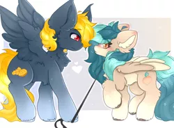 Size: 3400x2500 | Tagged: safe, artist:crysramune, derpibooru import, oc, oc:osteen, oc:peacher, pegasus, pony, blushing, chest fluff, collar, ear fluff, eye clipping through hair, image, leash, orange eyes, pet play, png, raised hoof, red eyes, wings, wings extended