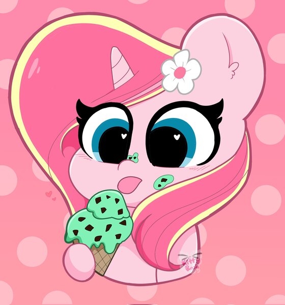 Size: 1911x2048 | Tagged: safe, artist:kittyrosie, derpibooru import, oc, oc:rosa flame, unofficial characters only, unicorn, chocolate chips, flower, flower in hair, food, horn, ice cream, image, jpeg, mint, old art, tongue out, unicorn oc