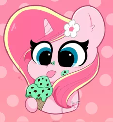 Size: 1911x2048 | Tagged: safe, artist:kittyrosie, derpibooru import, oc, oc:rosa flame, unofficial characters only, unicorn, chocolate chips, flower, flower in hair, food, horn, ice cream, image, jpeg, mint, old art, tongue out, unicorn oc