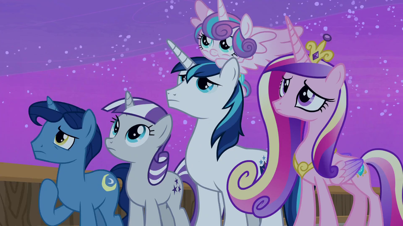 Size: 1920x1080 | Tagged: safe, derpibooru import, screencap, night light, princess cadance, princess flurry heart, shining armor, twilight velvet, alicorn, pony, unicorn, once upon a zeppelin, season 7, baby, baby pony, father and child, father and daughter, father and son, father and son-in-law, female, filly, filly flurry heart, foal, g4, horn, husband, husband and wife, image, male, mare, mother and child, mother and daughter, mother and daughter-in-law, mother and son, nightvelvet, png, pony hat, shiningcadance, shipping, spanish description, sparkle family, stallion, straight, wife, wings