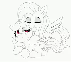 Size: 3340x2921 | Tagged: safe, artist:pabbley, derpibooru import, fluttershy, rainbow dash, pegasus, pony, biting, black and white, cuddling, ear bite, eyes closed, female, flutterdash, grayscale, image, jpeg, lesbian, lying down, mare, monochrome, neo noir, partial color, prone, shipping, simple background, white background