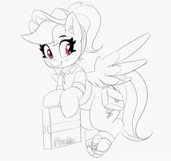 Size: 3000x2827 | Tagged: safe, artist:pabbley, derpibooru import, rainbow dash, pegasus, pony, alternate hairstyle, bag, black and white, cap, clothes, delivery pony, female, grayscale, hat, hoof hold, image, jpeg, mare, monochrome, neo noir, package, partial color, ponytail, saddle bag, shoes, simple background, solo, uniform, white background