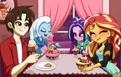 Size: 3999x2550 | Tagged: safe, artist:ameliacostanza, derpibooru import, aria blaze, sunset shimmer, trixie, human, equestria girls, cookie, crossover, food, ice cream, image, peter parker, png, spiders and magic: rise of spider-mane