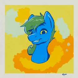 Size: 2231x2231 | Tagged: safe, artist:zombietator, derpibooru import, oc, unofficial characters only, earth pony, pony, abstract background, bust, earth pony oc, grin, image, png, signature, smiling, solo