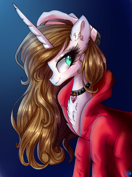 Size: 1124x1502 | Tagged: safe, artist:gihhbloonde, derpibooru import, oc, oc:gihh bloonde, unofficial characters only, pony, unicorn, chest fluff, choker, clothes, eyelashes, female, hat, image, mare, png, smiling