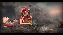 Size: 9600x5400 | Tagged: safe, artist:imafutureguitarhero, derpibooru import, sunset shimmer, anthro, mermaid, unicorn, 3d, absurd resolution, arm freckles, black bars, cave, chest freckles, chromatic aberration, claws, colored eyebrows, colored eyelashes, ear freckles, female, film grain, fish tail, floppy ears, freckles, hair grab, image, jpeg, long hair, long mane, looking at you, mermaid tail, mermaidized, multicolored hair, multicolored mane, nose wrinkle, ocean, outdoors, peppered bacon, raised eyebrow, rock, ship, shipwreck, shore, signature, sky, smiling, solo, source filmmaker, species swap, splash, tail, wall of tags, water, wet