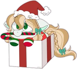 Size: 827x739 | Tagged: safe, artist:jetjetj, derpibooru import, oc, pony, box, candy, candy cane, christmas, clothes, female, food, hat, holiday, image, mare, mouth hold, png, pony in a box, present, santa hat, simple background, socks, solo, starry eyes, striped socks, transparent background, wingding eyes