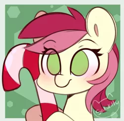 Size: 740x723 | Tagged: safe, artist:sakukitty, derpibooru import, roseluck, earth pony, pony, blushing, bust, candy, candy cane, eye clipping through hair, eyebrows, eyebrows visible through hair, female, food, image, jpeg, solo