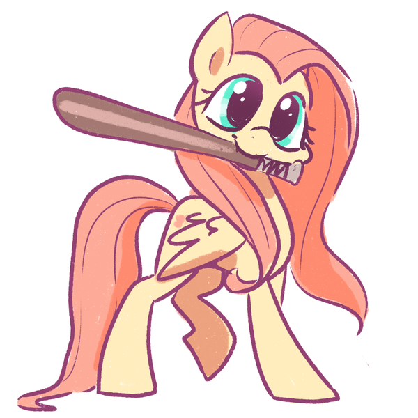 Size: 2048x2048 | Tagged: safe, artist:pfeffaroo, derpibooru import, fluttershy, pegasus, pony, baseball bat, image, mouth hold, png, pun, simple background, solo, visual pun, white background