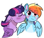 Size: 1183x1026 | Tagged: safe, artist:moccabliss, derpibooru import, rainbow dash, twilight sparkle, twilight sparkle (alicorn), alicorn, pegasus, pony, blushing, chest fluff, cropped, cute, dashabetes, eye clipping through hair, eyebrows, eyebrows visible through hair, eyes closed, female, floppy ears, fluffy, flustered, image, lesbian, mare, neck fluff, nuzzling, png, shipping, simple background, surprised, twidash, wavy mouth, white background, wide eyes, wings