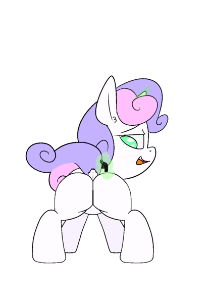 Size: 950x1356 | Tagged: suggestive, alternate version, artist:happy harvey, derpibooru import, sweetie belle, oc, oc:anon, human, pony, unicorn, ass up, blushing, butt, colored pupils, dock, drawn on phone, female, filly, image, imminent sex, imminent vore, looking back, macro, magic, micro, png, raised tail, simple background, size difference, tail, transparent background