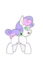 Size: 950x1356 | Tagged: suggestive, alternate version, artist:happy harvey, derpibooru import, sweetie belle, oc, oc:anon, human, pony, unicorn, ass up, blushing, butt, colored pupils, dock, drawn on phone, female, filly, image, imminent sex, imminent vore, looking back, macro, magic, micro, png, raised tail, simple background, size difference, tail, transparent background