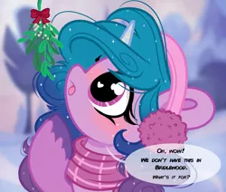 Size: 2195x1864 | Tagged: safe, artist:emberslament, derpibooru import, izzy moonbow, pony, unicorn, clothes, cute, earmuffs, female, g5, heart eyes, image, izzybetes, looking up, mare, mistletoe, png, scarf, solo, sparkly mane, speech bubble, text, unshorn fetlocks, wingding eyes