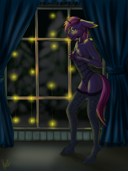 Size: 900x1200 | Tagged: suggestive, artist:stirren, derpibooru import, oc, unofficial characters only, anthro, unicorn, bedroom eyes, breast hold, breasts, christmas, christmas lights, clothes, commission, corset, ear piercing, eyebrow piercing, female, floppy ears, grope, holiday, horn, image, piercing, png, pose, room, self grope, socks, solo, solo female, stockings, thigh highs, window, ych result