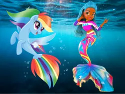 Size: 1000x750 | Tagged: safe, artist:aaliyah_rosado, derpibooru import, rainbow dash, mermaid, pegasus, sea pony, seapony (g4), my little pony: the movie, spoiler:my little pony the movie, barely pony related, bubble, crossover, fins, fin wings, fish tail, image, jpeg, mermaid high, mermaid tail, oceanna (mermaid high), seaponified, seapony rainbow dash, species swap, tail, underwater, wings