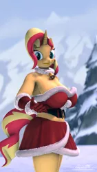 Size: 2160x3840 | Tagged: safe, artist:calypsosfm, derpibooru import, sunset shimmer, anthro, plantigrade anthro, unicorn, 3d, 4k, big breasts, breasts, busty sunset shimmer, christmas, christmas outfit, clothes, costume, curvy, female, hearth's warming, high res, holiday, horn, image, looking at you, mountain, png, santa costume, scenery, sexy, skirt, smiling, smiling at you, snow, solo, solo female, source filmmaker, strapless dress, tail, take my hand, tree