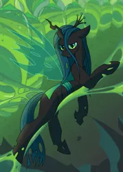 Size: 918x1280 | Tagged: safe, artist:pokeshadow, derpibooru import, queen chrysalis, changeling, changeling queen, bug horse, changeling hive, cocoon, fanart, female, image, jpeg, looking at you, lounging, playing card