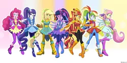 Size: 2200x1100 | Tagged: safe, artist:riouku, derpibooru import, applejack, fluttershy, pinkie pie, rainbow dash, rarity, sci-twi, sunset shimmer, twilight sparkle, equestria girls, equestria girls series, super squad goals, boots, braided ponytail, clothes, crystal guardian, crystal wings, goggles, high heel boots, humane five, humane seven, humane six, image, png, ponied up, ponytail, shoes, wings