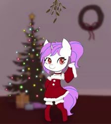 Size: 2459x2739 | Tagged: safe, artist:manta, derpibooru import, oc, oc:purpleflare, unofficial characters only, pony, unicorn, bipedal, christmas, christmas tree, clothes, cute, ear piercing, earring, femboy, holiday, image, jewelry, jpeg, looking at you, male, mistletoe, piercing, present, red eyes, simple background, smiling, smiling at you, socks, solo, standing, stockings, thigh highs, tree, wreath