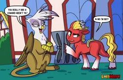 Size: 6367x4125 | Tagged: safe, artist:lordmarukio, derpibooru import, gilda, sprout cloverleaf, earth pony, gryphon, friendship is magic, my little pony: a new generation, dialogue, g5, image, png, trash can