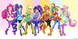 Size: 2200x1100 | Tagged: safe, alternate version, artist:riouku, derpibooru import, kotobukiya, applejack, fluttershy, pinkie pie, rainbow dash, rarity, sci-twi, sunset shimmer, twilight sparkle, equestria girls, equestria girls series, super squad goals, boots, braided ponytail, clothes, commission, crystal guardian, crystal wings, dark skin, goggles, high heel boots, human coloration, humane five, humane seven, humane six, image, kotobukiya rainbow dash, png, ponied up, pony ears, ponytail, shoes, wings